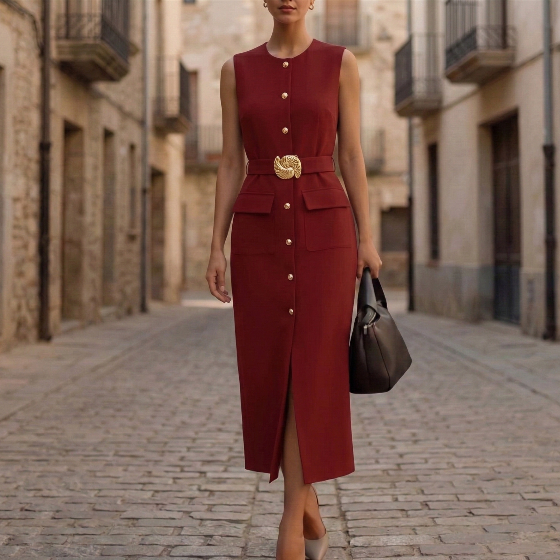 Casual Summer Belted Midi Dress for Women - OutfitLondon