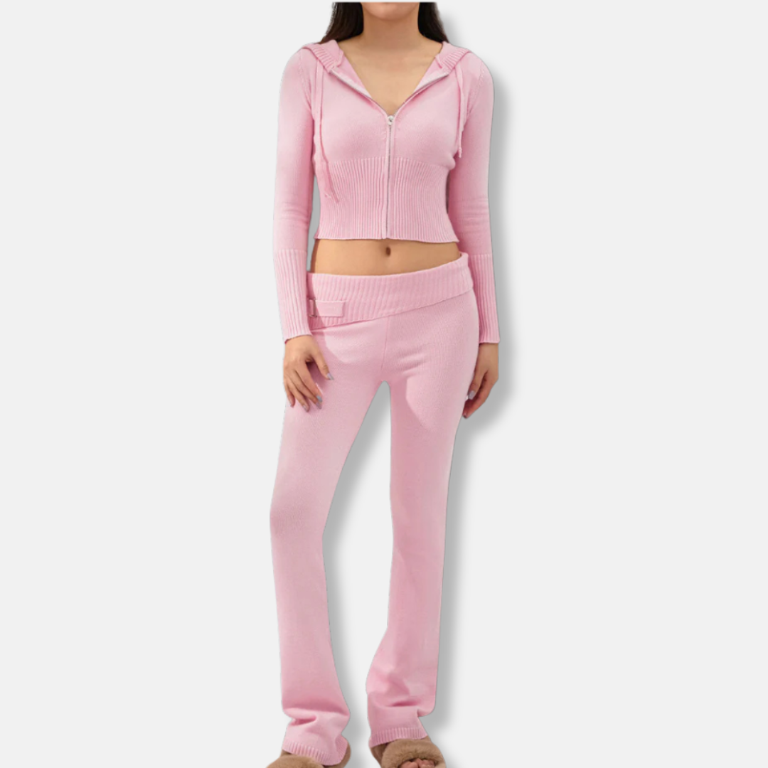 Comfortable Ribbed Hoodie and Bootcut Pant Set - OutfitLondon