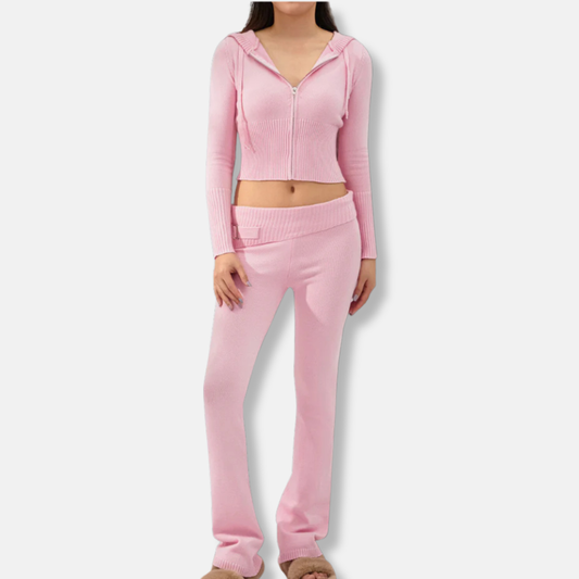 Comfortable Ribbed Hoodie and Bootcut Pant Set - OutfitLondon