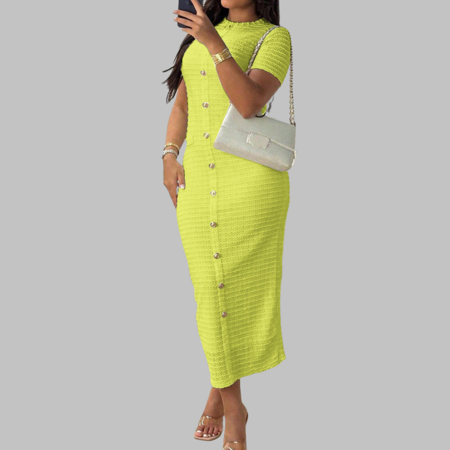 Classic Crew Neck Faux Button Dress