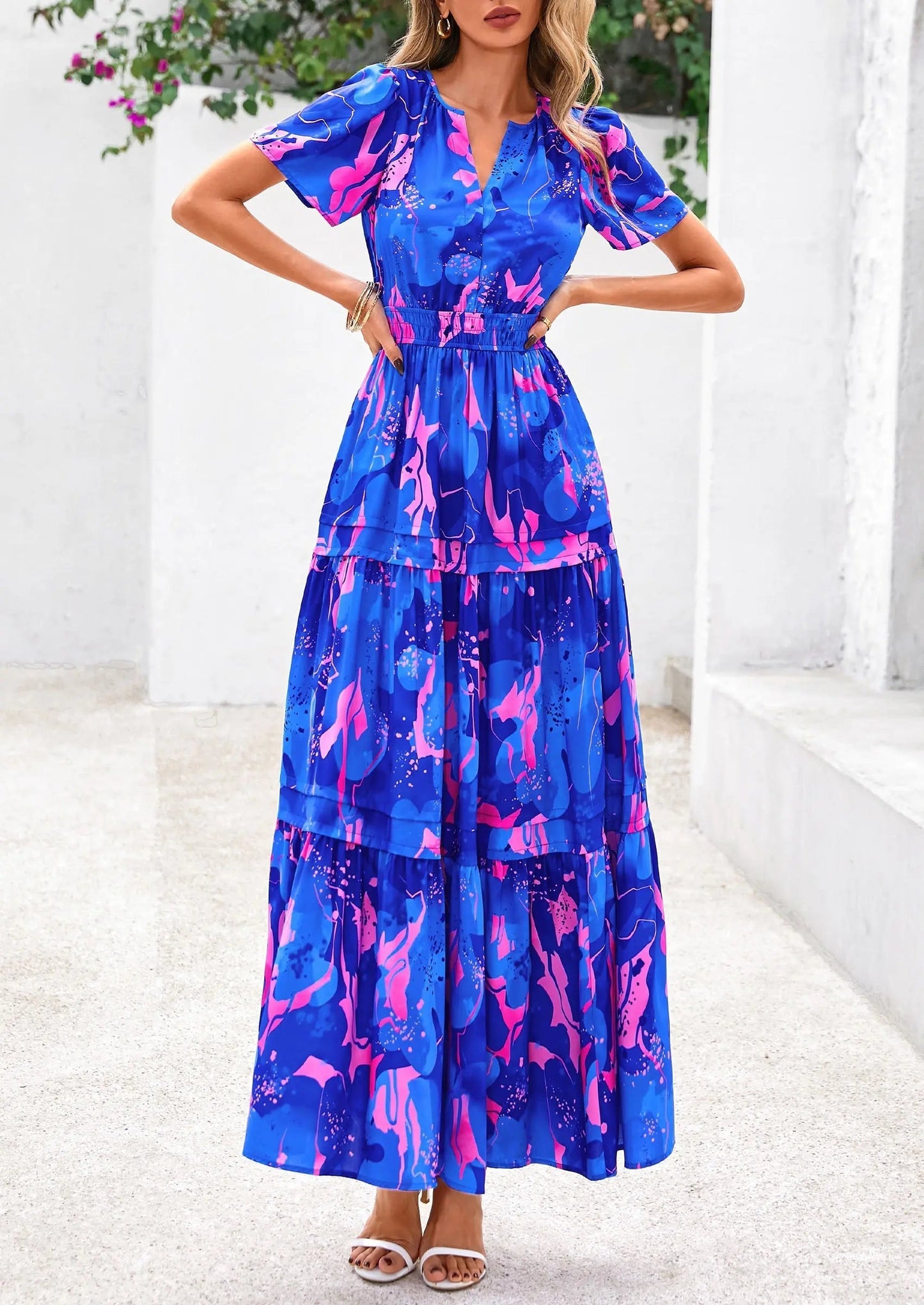 Casual Floral V Neck Flowy Beach Maxi Dress