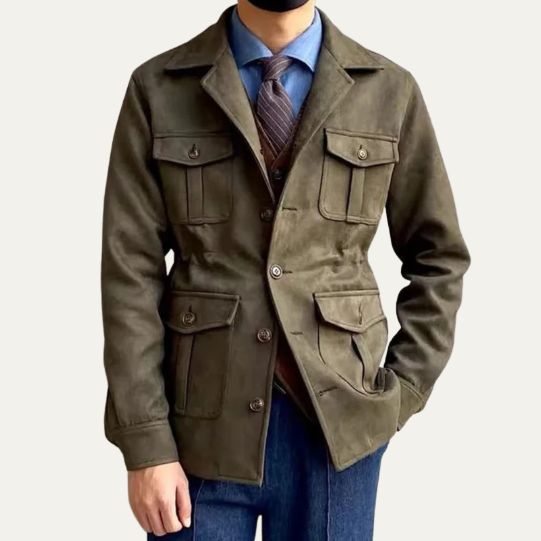 Men's Leather Field Coat with Multiple Pockets