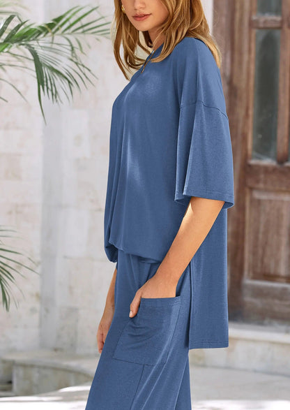 Relaxed Fit Short Sleeve Blouse and Wide Leg Pants Set
