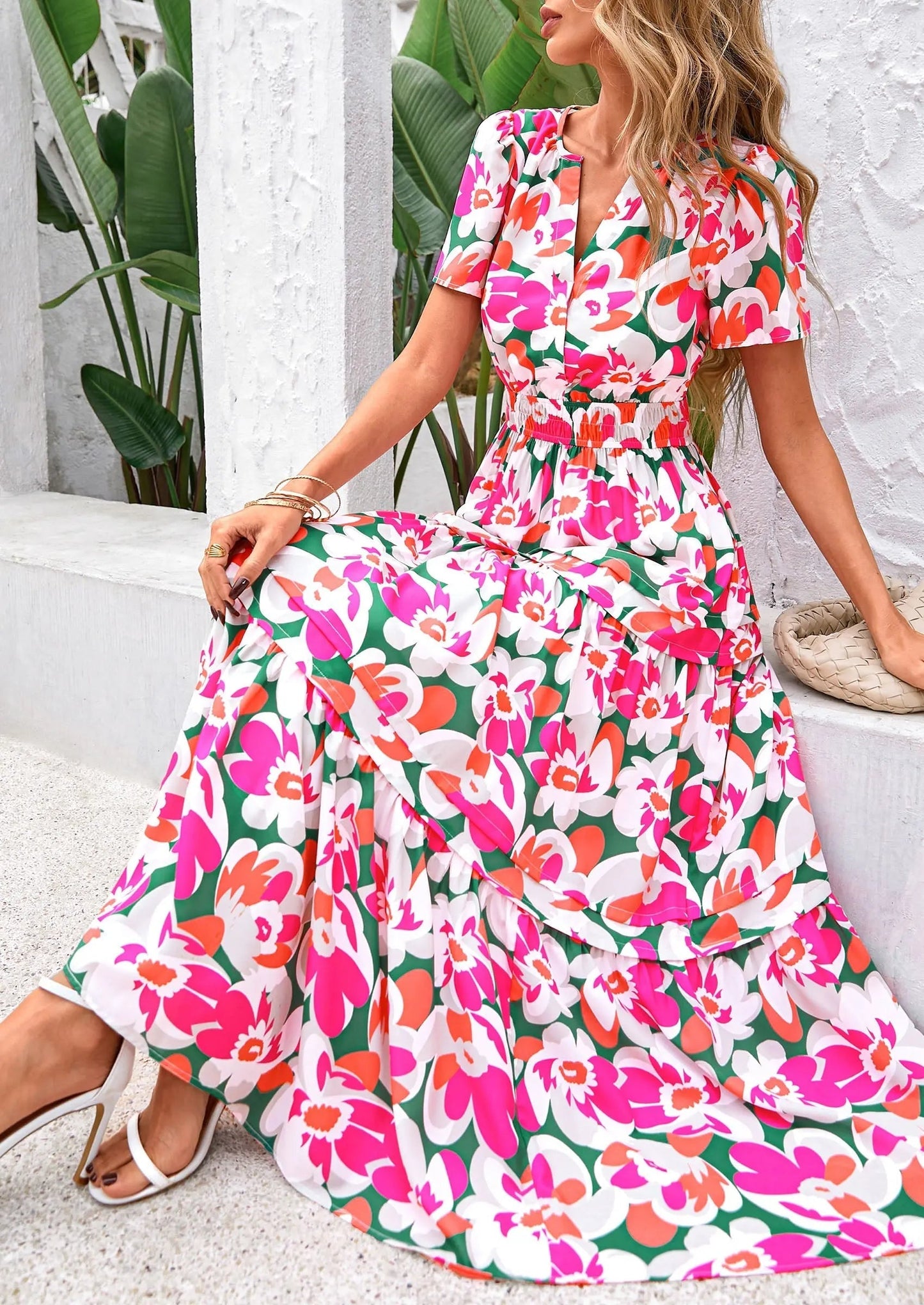 Casual Floral V Neck Flowy Beach Maxi Dress