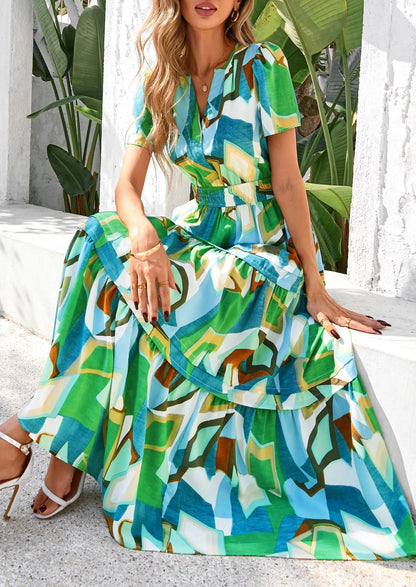 Casual Floral V Neck Flowy Beach Maxi Dress