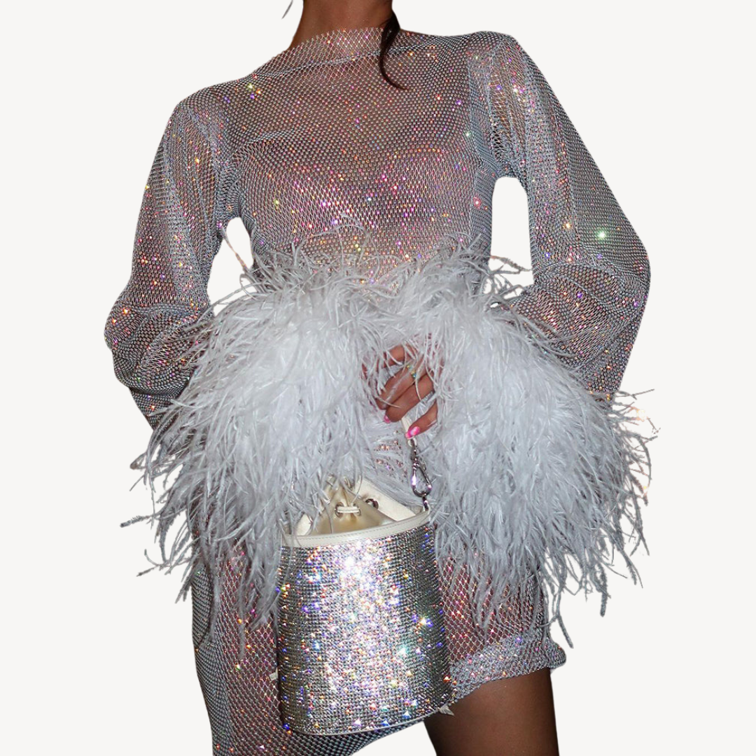 Glittery Feather Trim Party Dress