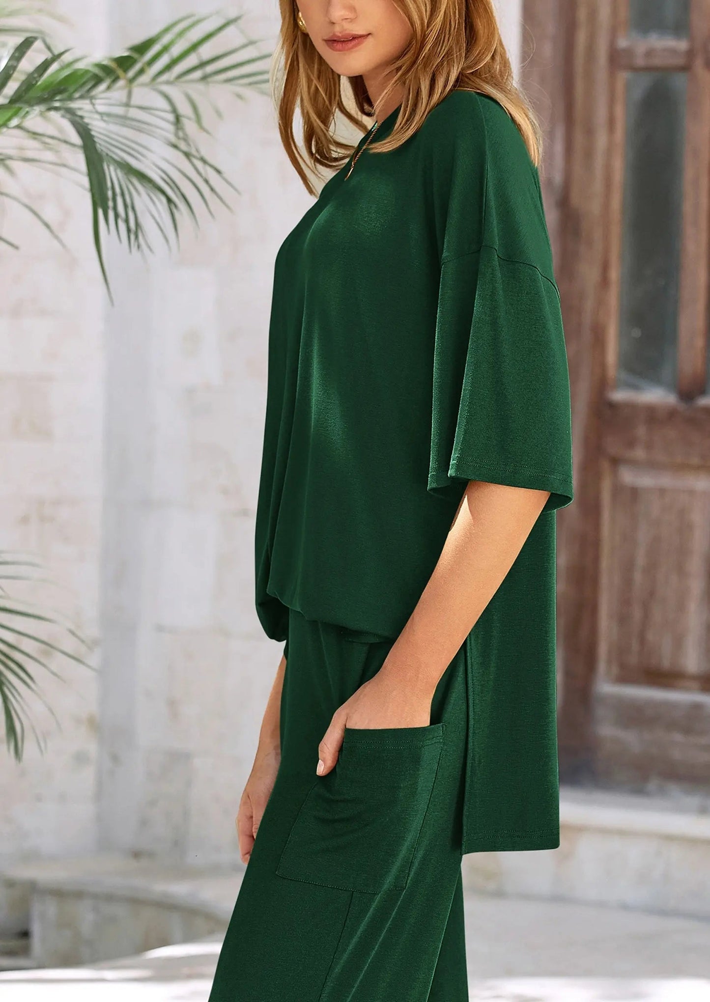Relaxed Fit Short Sleeve Blouse and Wide Leg Pants Set