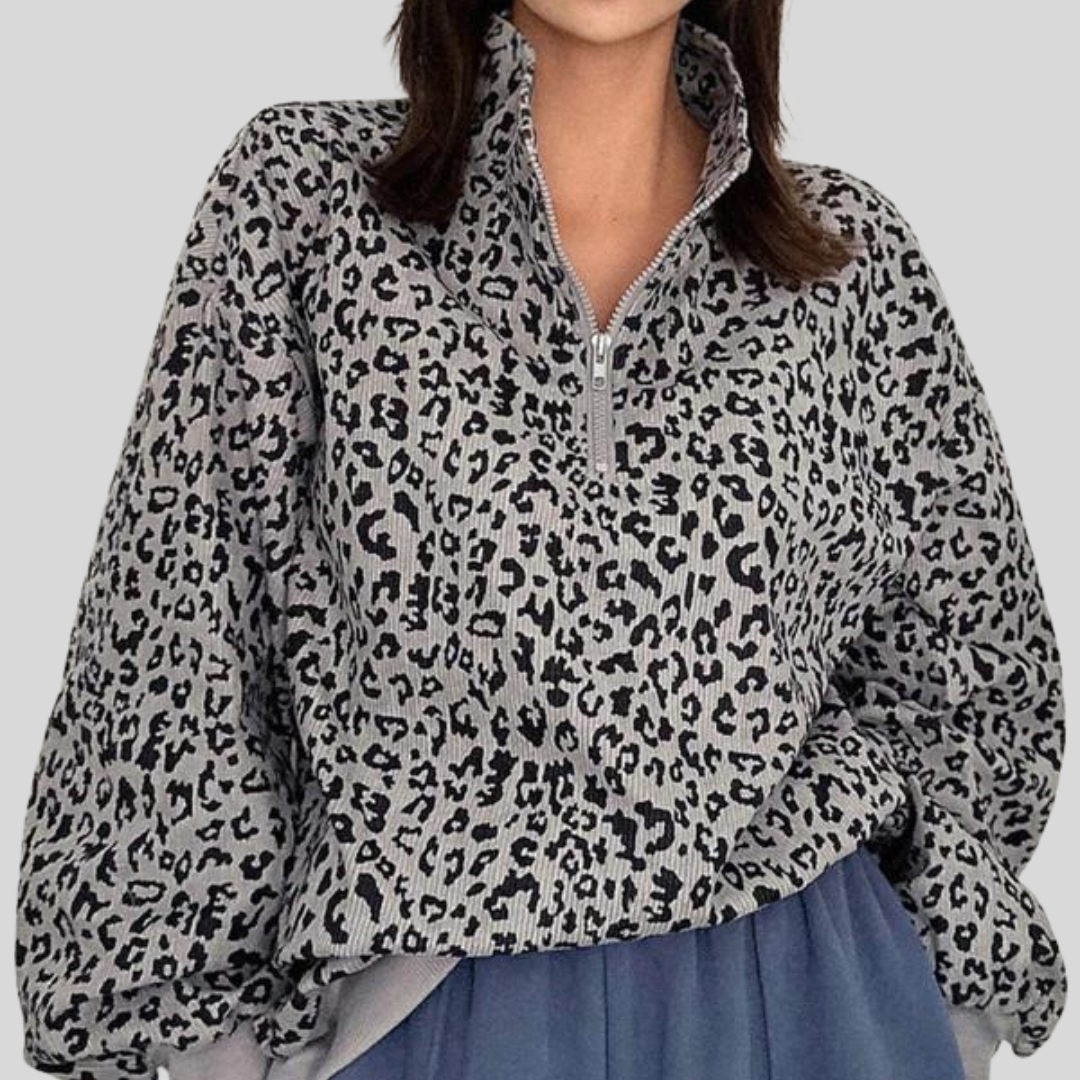 Comfy Women's Leopard Long Sleeve Zip Sweatshirt