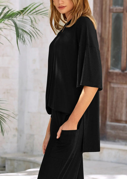 Relaxed Fit Short Sleeve Blouse and Wide Leg Pants Set