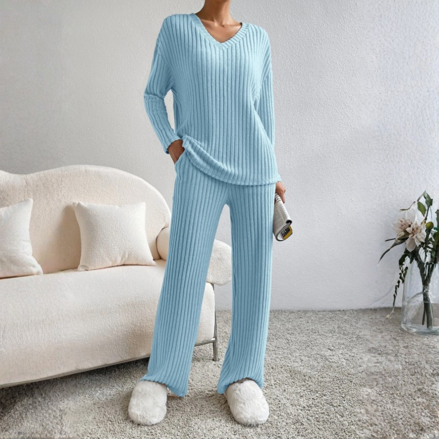 Relaxed Fit Long Sleeve V Neck Loungewear Set