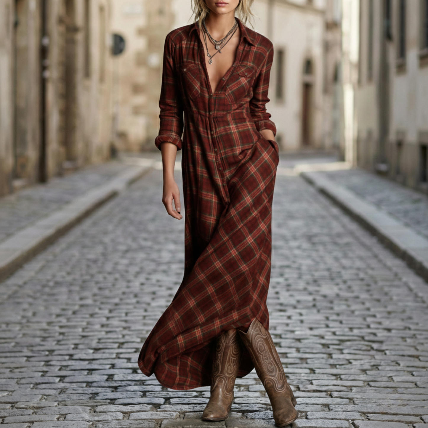Long Plaid Shirt Dress for Women with Sleeves
