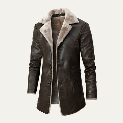 Men's Synthetic Leather Trench Coat with Fuzzy Collar