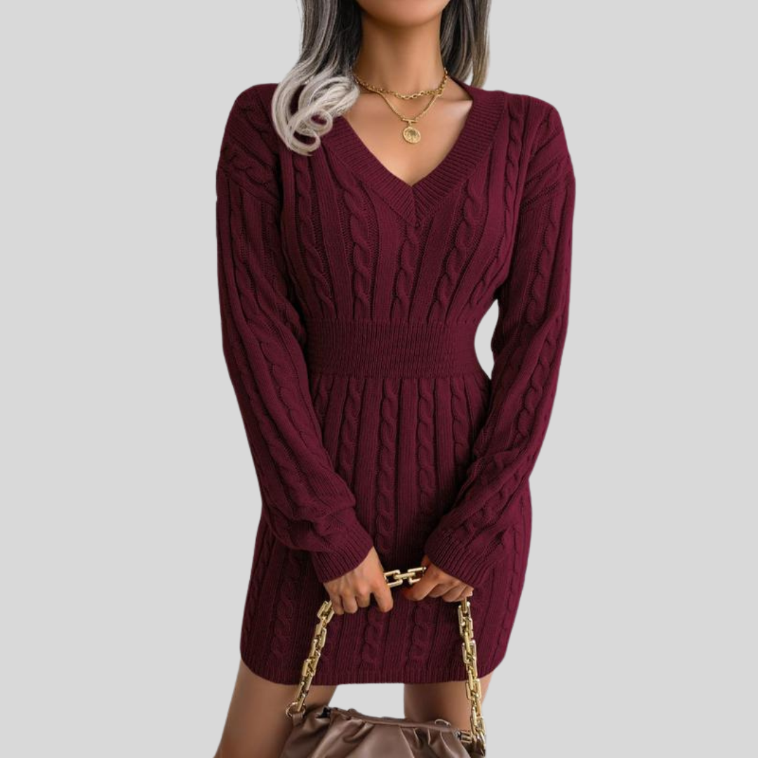 Soft Cable Knit V-Neck Sweater Dress for Women