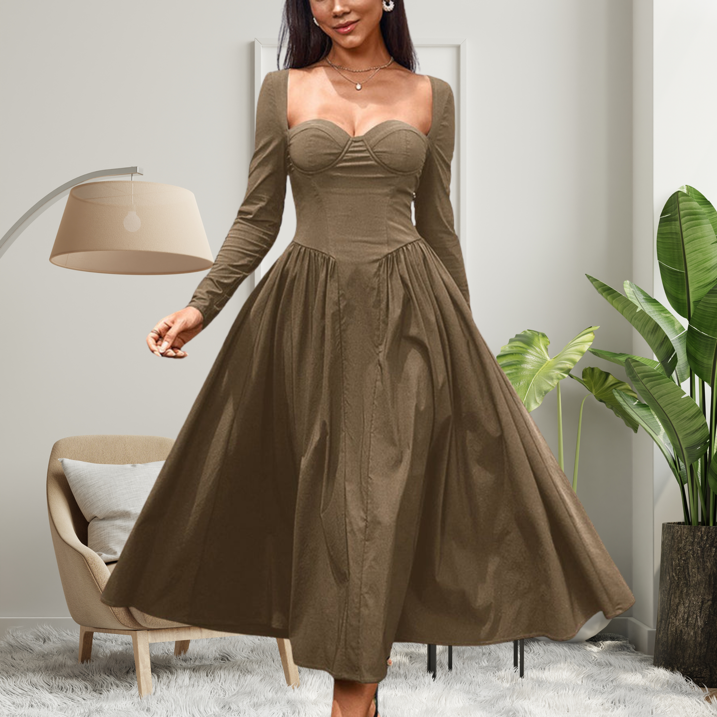 Chic V Neck Long Sleeve Maxi Dress