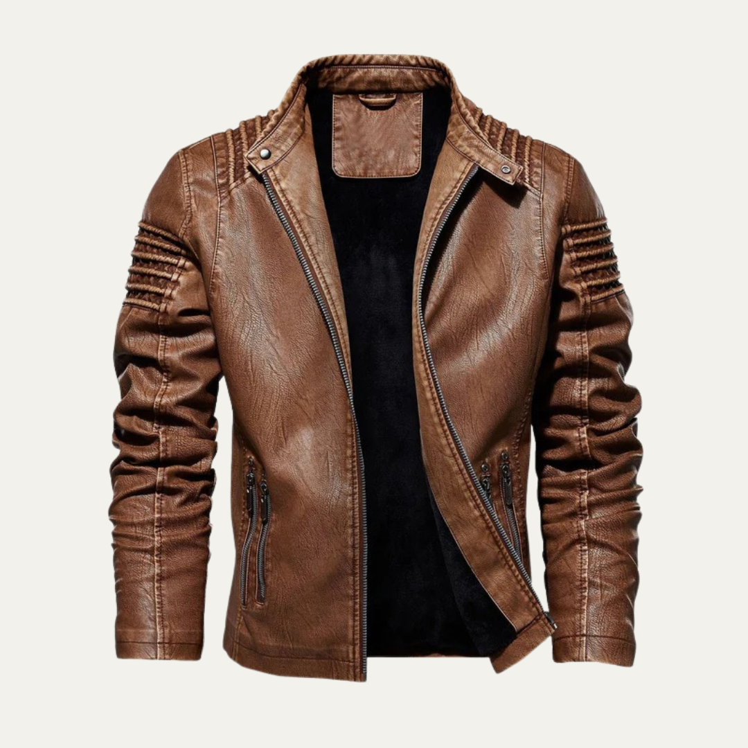 Men's Padded Leather Biker Jacket with Zip Collar