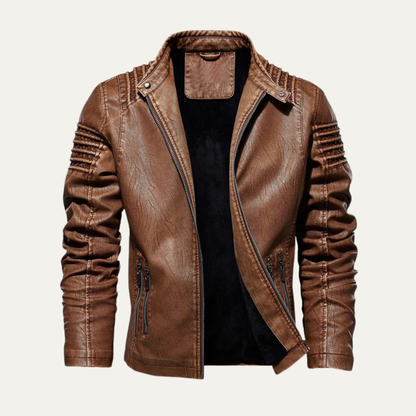 Men's Padded Leather Biker Jacket with Zip Collar