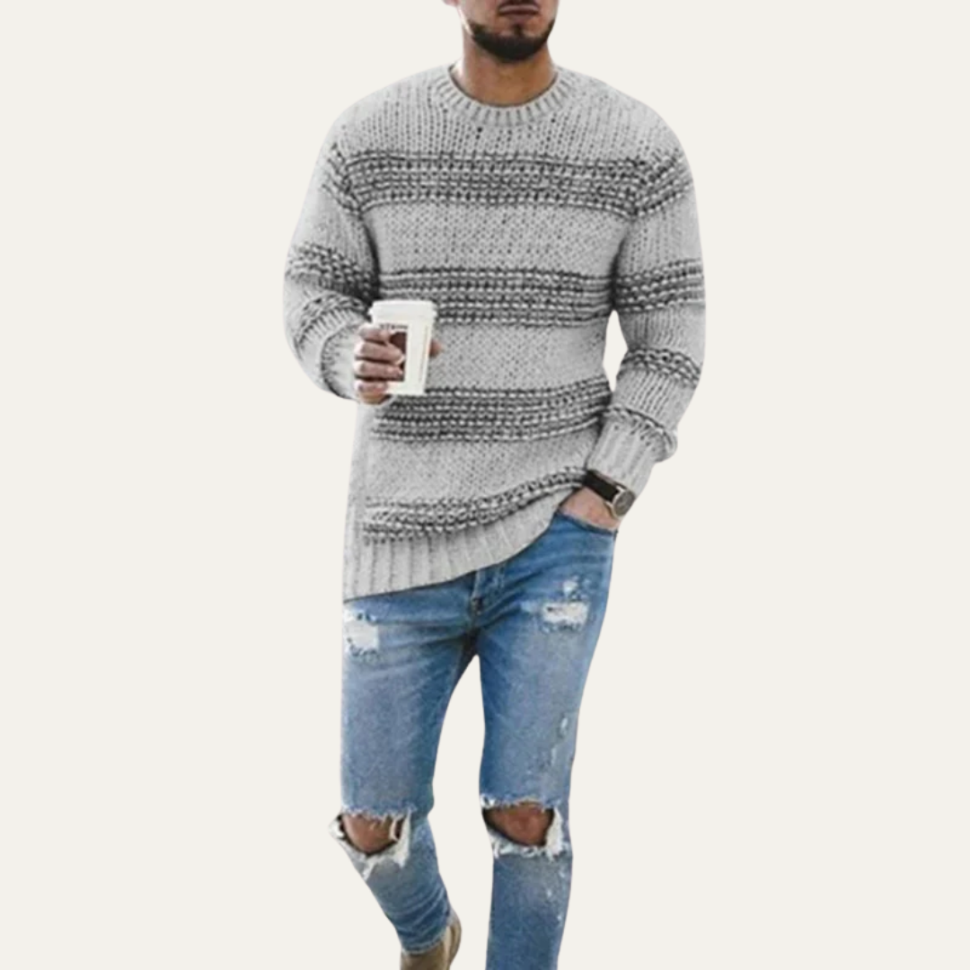 Men's Thick Striped Knit Crew Neck Jumper