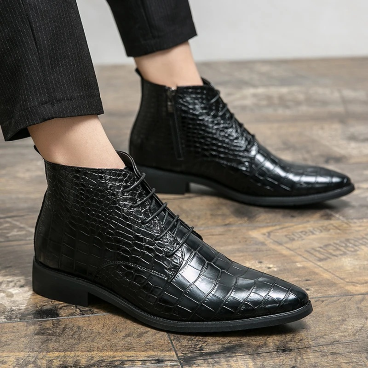 Men's Black Leather Alligator Print Ankle Boots