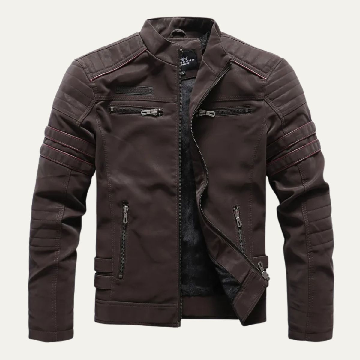 Men's Synthetic Leather Biker Jacket with Padded Details - OutfitLondon