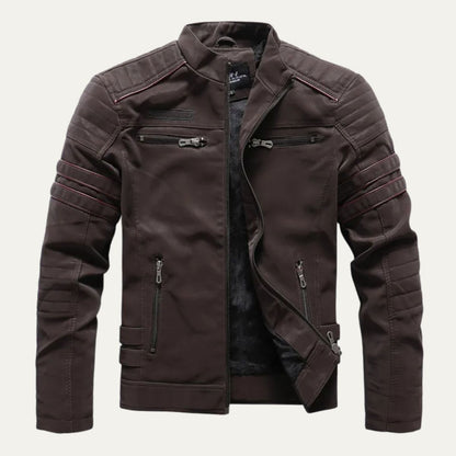 Men's Synthetic Leather Biker Jacket with Padded Details - OutfitLondon