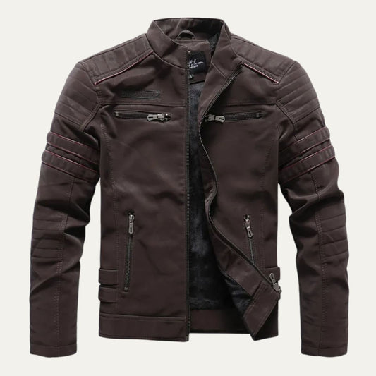 Men's Synthetic Leather Biker Jacket with Padded Details - OutfitLondon