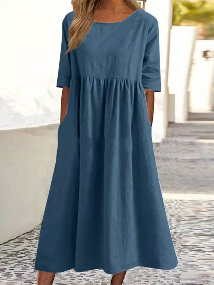 Comfortable Summer Short Sleeve Midi Dress - OutfitLondon
