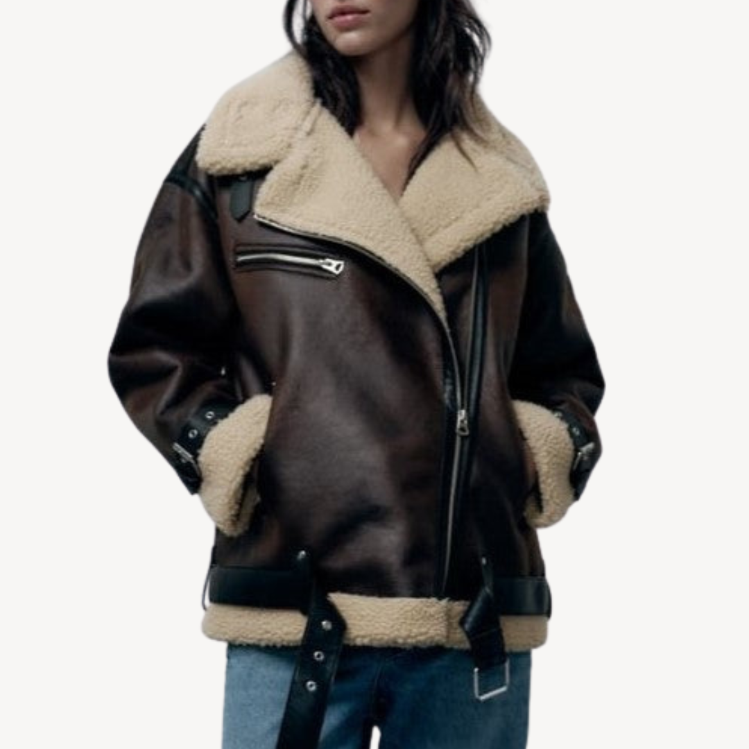 Ladies Synthetic Sheepskin Pilot Jacket Brown