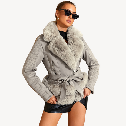 Warm Synthetic Leather Biker Jacket For Women Brown