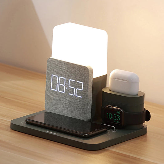 4 In 1 Fast Wireless Charger Station & Lamp With Alarm Clock