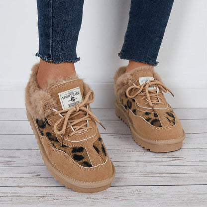 Leopard Lace Up Warm Flats Snow Boots Faux Fur Lined Loafer Shoes