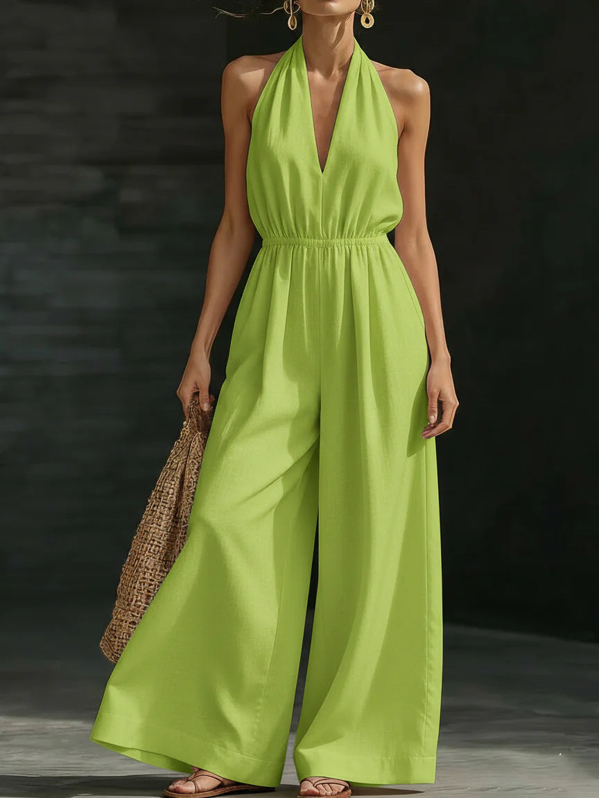 Women's Stylish V-Neck Halter Neck Wide-Leg Jumpsuit