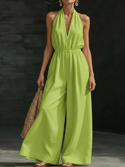 Women's Stylish V-Neck Halter Neck Wide-Leg Jumpsuit