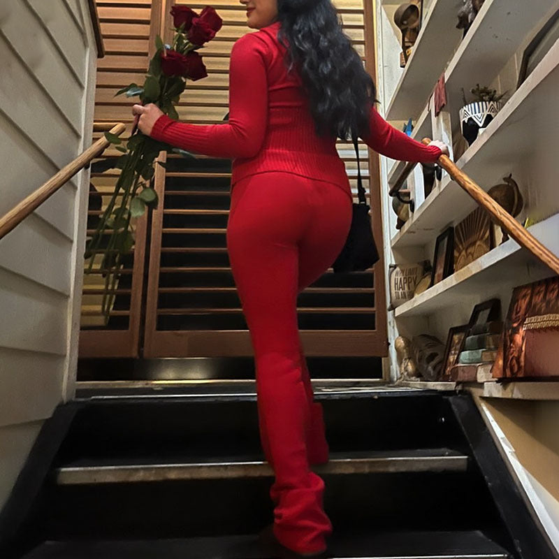 Women's Casual Cotton Zip-Up Hoodie and High Waist Pants Set
