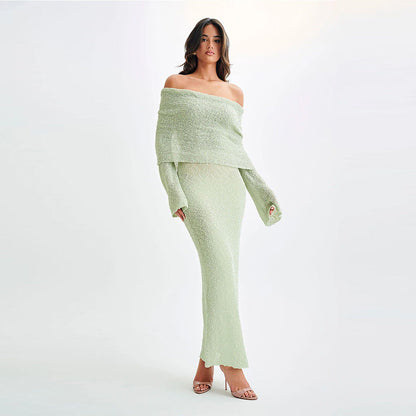 Women's Elegant Knitted Off-Shoulder Long Sleeve Dress