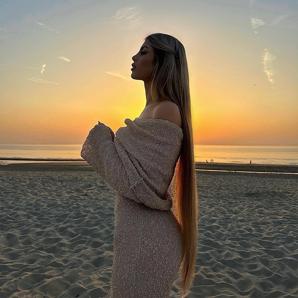 Women's Elegant Knitted Off-Shoulder Long Sleeve Dress