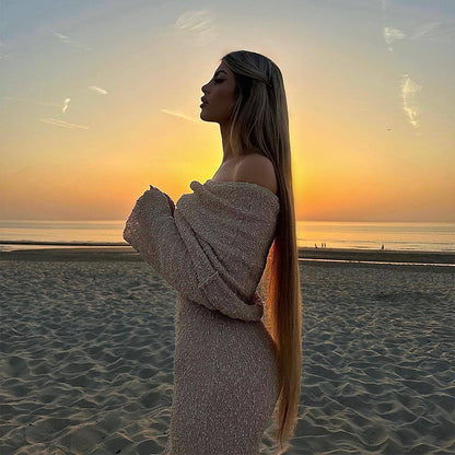 Women's Elegant Knitted Off-Shoulder Long Sleeve Dress