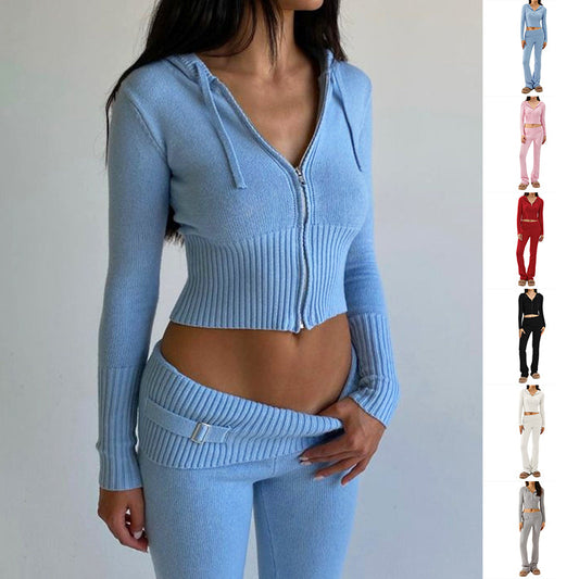 Women's Casual Cotton Zip-Up Hoodie and High Waist Pants Set