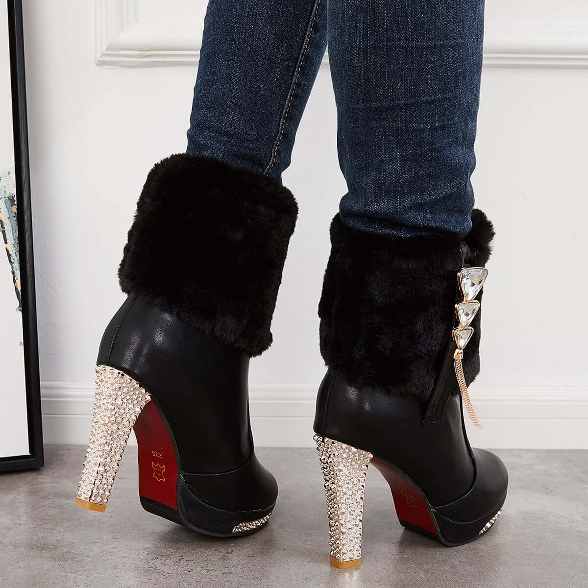 Rhinestone Faux Fur Lined Ankle Boots Chunky High Heel Booties