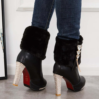 Rhinestone Faux Fur Lined Ankle Boots Chunky High Heel Booties