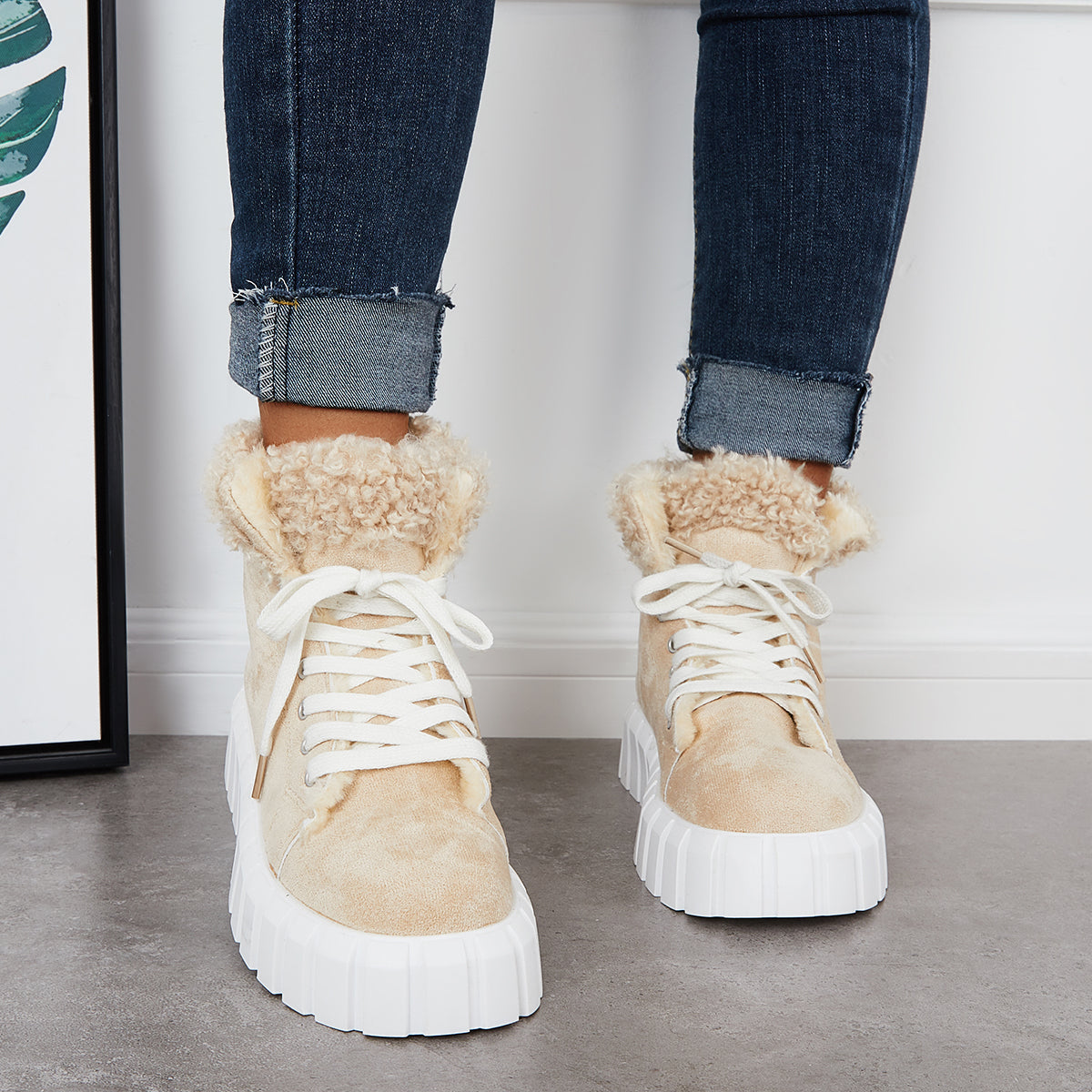 Lace Up Platform Warm Faux Fur Lined Booties Sneakers Boots