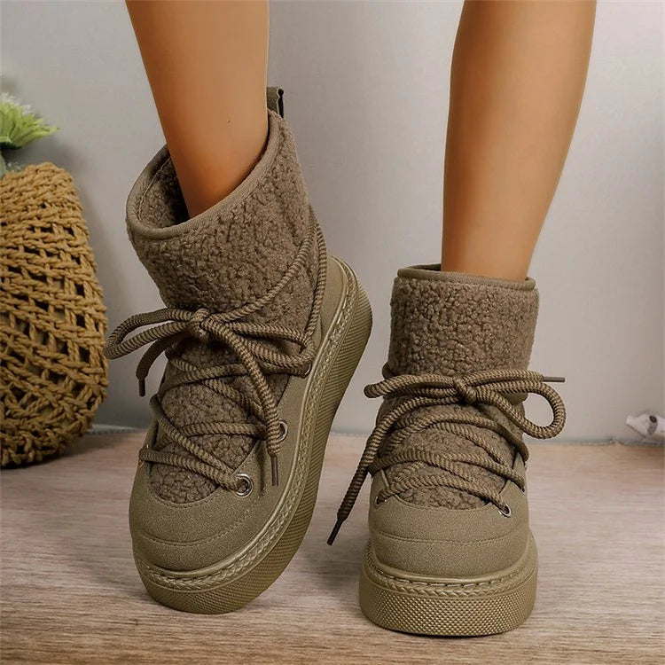 Warm Women's Fuzzy Winter Boots - Lace Up Design