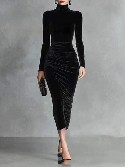 Elegant Black Bodycon Velvet Dress - OutfitLondon