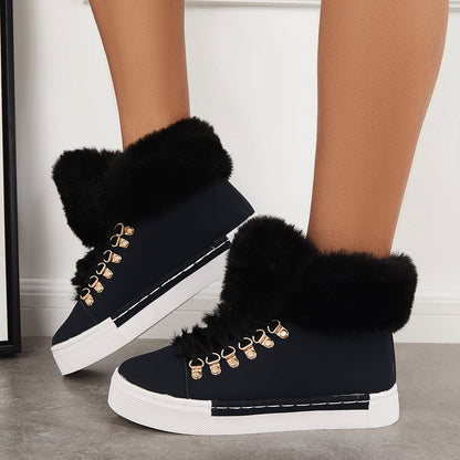 Platform Lace Up Warm Fur Lined Sneakers Flat Ankle Boots