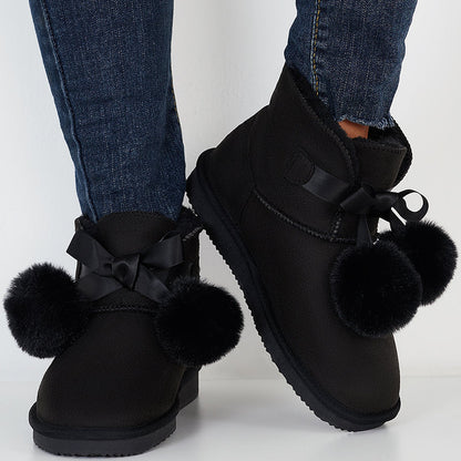 Winter Snow Boots Faux Fur Lined Pompom Slip on Warm Ankle Boots