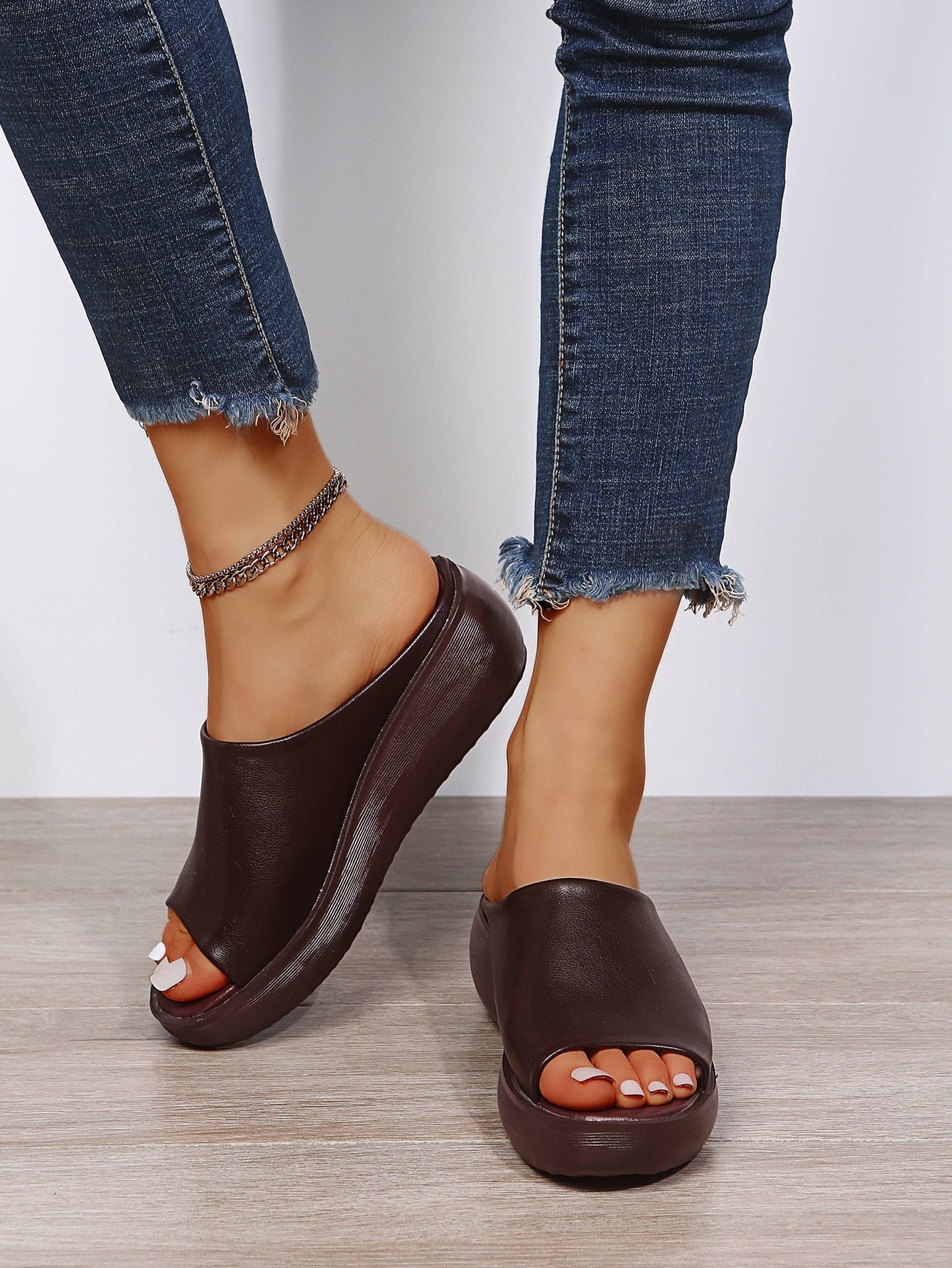 Ladies Leather Sole Slippers Wedge Slide Sandals