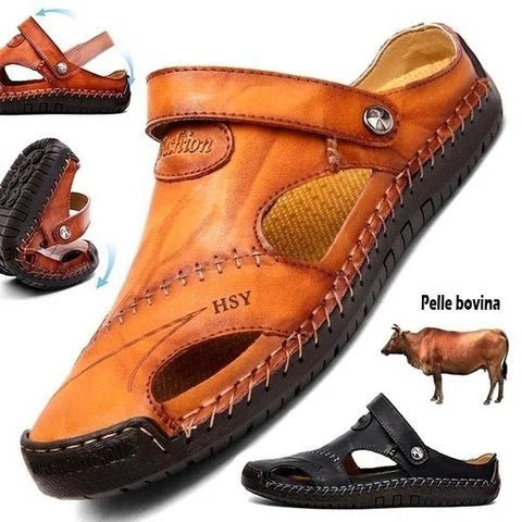 Men's Summer Hand Stitching Soft Outdoor Closed Toe Leather Beach Sandals Slippers