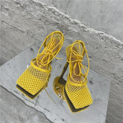 Square Toe Mesh High Heels Cross-tied Up Lace Sandals