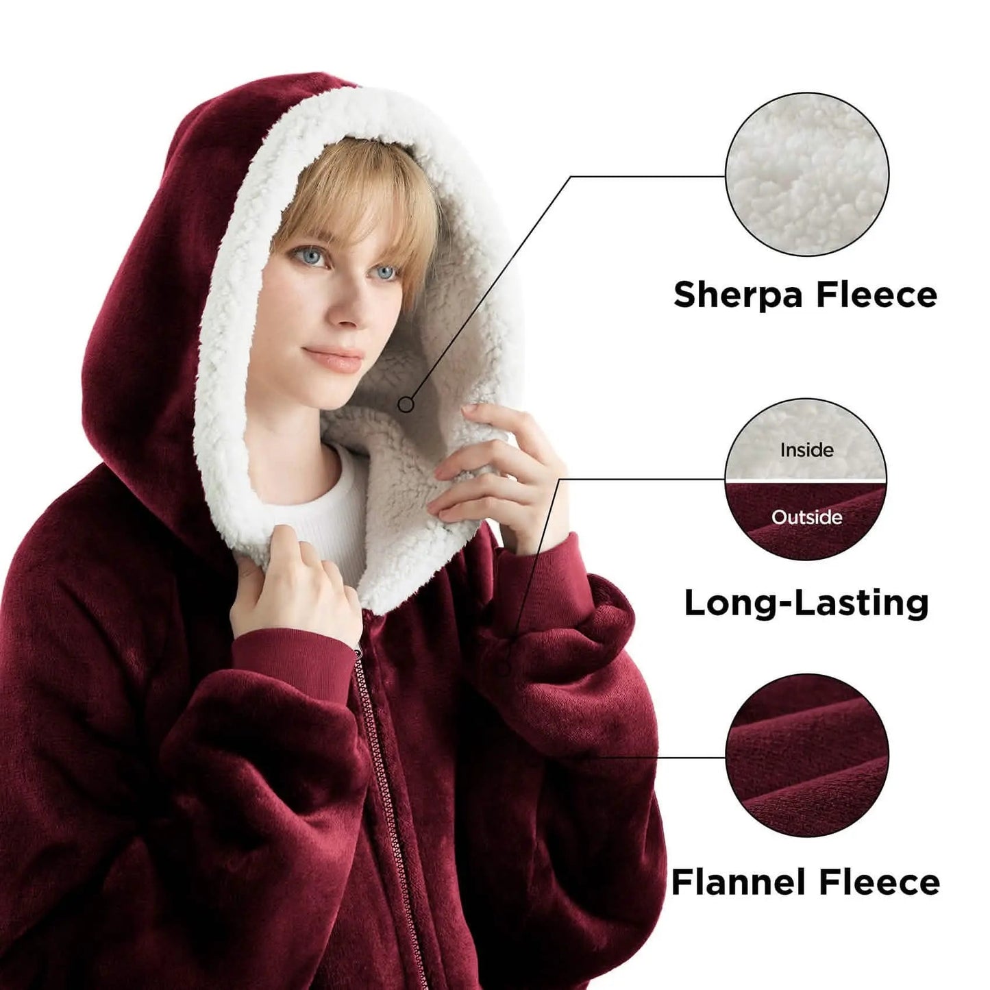 Plush Fleece Wearable Blanket Hoodie - Warm Zip Up