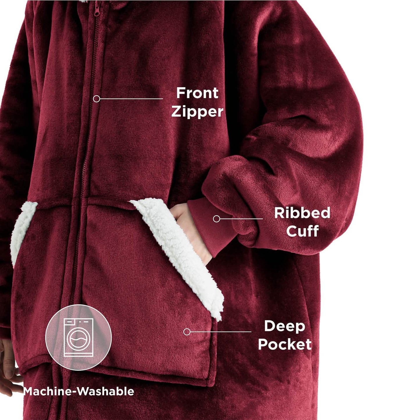 Plush Fleece Wearable Blanket Hoodie - Warm Zip Up