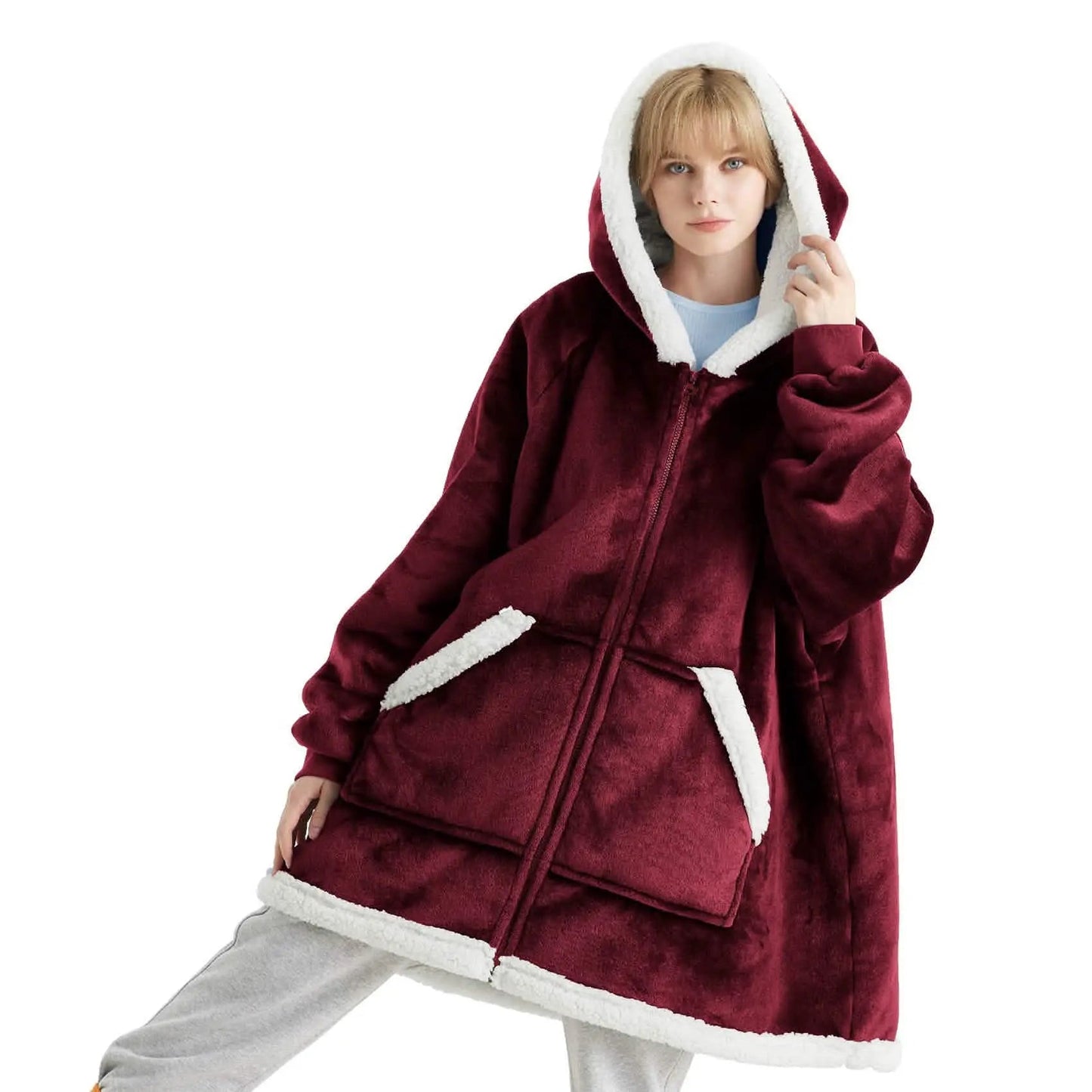 Plush Fleece Wearable Blanket Hoodie - Warm Zip Up